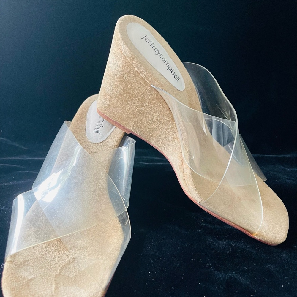 Jeffrey Campbell Tan Suede Wedge Shoes with Clear Straps 3.5” heels